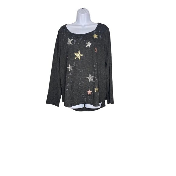 Style & Co Womens Long Sleeve Gray Sequin Stars Boat Neck Plus Size 1X - Picture 2 of 7